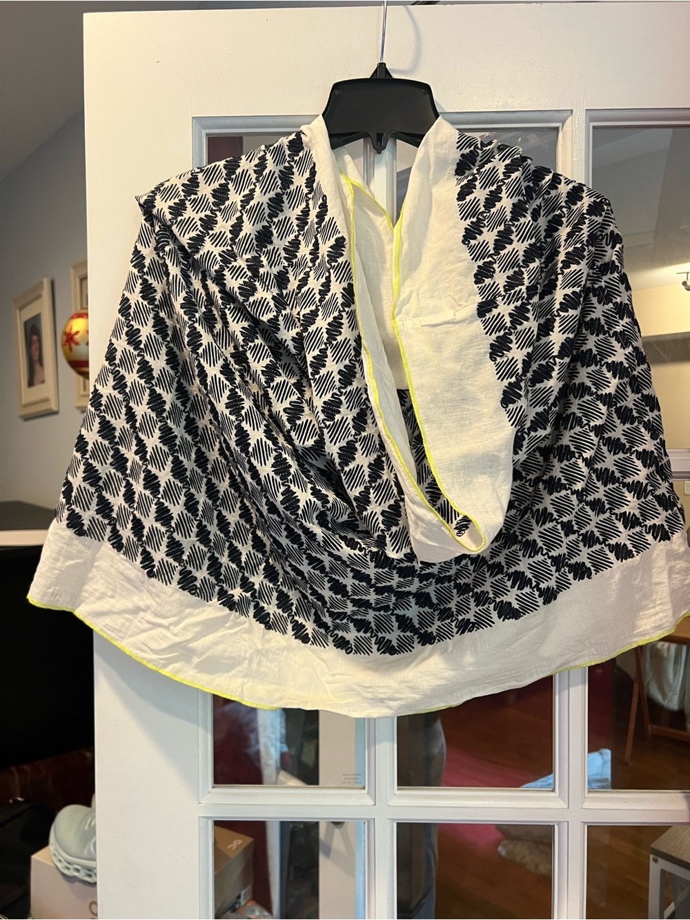 J. Crew Black and White Patterned Lightweight Wrap Scarf with Neon Trim